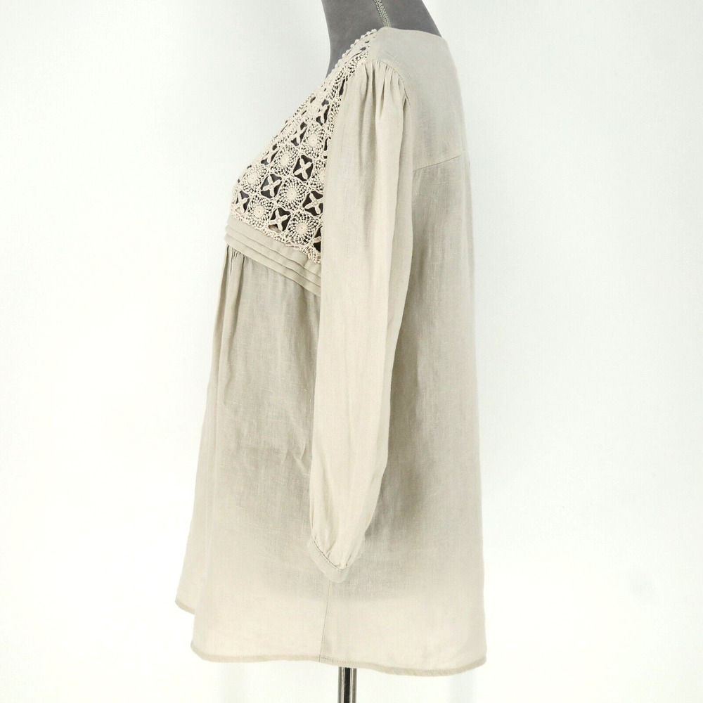 Malvin Top Womens 8 Medium Linen Beige Cotton Lace Front Blouse I Love Linen - Picture 12 of 13